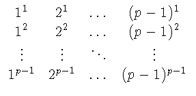$\displaystyle \begin{array}{cccc}
1^1 & 2^1 & \ldots & (p-1)^1\\
1^2 & 2^2...
...s & \ddots & \vdots\\
1^{p-1} & 2^{p-1} & \ldots & (p-1)^{p-1}
\end{array}$